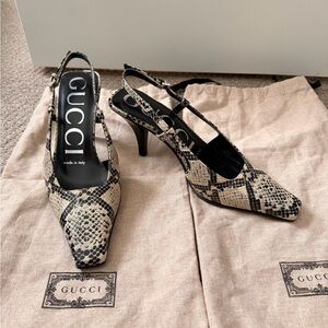 Gucci Beige and Black Python-Print Slingback Pumps